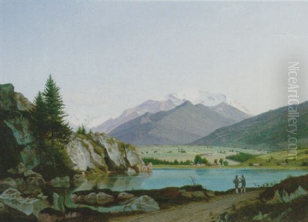 An Alpine River Landscape With Travellers On A Rocky Path - view 1