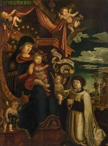 Thronende Muttergottes Mit Dem Jesusknaben, Angebetet Von Einem Kirchlichen Stifter by Sebastian Scheel