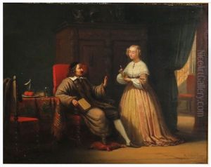 Interior With Gentleman And Wife Bringing Tea