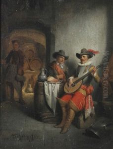 In Der Schanke. Interieur Mit Mandoline Spielendem Bzw. Speisendem Soldat by Hendricus Johannes Scheeres