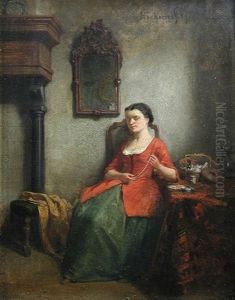 A Dutch Interior With A Young Woman Seated At A Sewing Table, Holding A Pearl Necklace, A Mirror And Fireplace In The Background