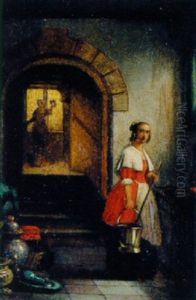 Interieur Mit Hausmadchen In Rotem Kleid by Hendricus Johannes Scheeres