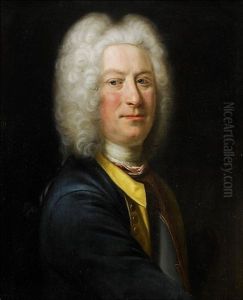 Portratt At Generalmajor Otto Reinhold Wrangel Af Sauss (1681-1744), Brostbild Fran Vanster, Pudrad Peruk, Bla Ogon, Vit Lindhalsduk, Brostharnesk Med Skart Foder, Bla Rock Med Gul Krage, Gula Uppslag Och Forgyllda Knappar