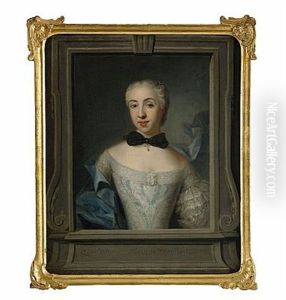 Portratt Forestallande Friherrinnan Hedvig Ulrika Hamilton Af Hageby Ikladd Gra Brokadklanning Med Bla Drapering I Arkitektonisk Trompe L'oeil Omfattning
