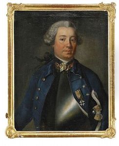 Portratt Forestallande Majoren Och Adelsmannen Arvid Reinhold Von Gardemein, Ikladd Harnesk Och Bla Uniformsrock Behangd Med Svardsorden