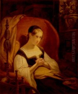 Jeune Fille Assise Pres D'un Rouet Dans Un Grand Fauteuil Rouge