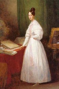 Portrait Of The Princesse D'orleans, Standing Full Length In A Studio Interior, Wearing A White Dress by Ary Scheffer