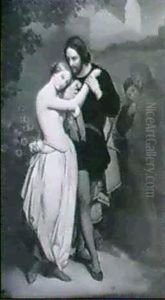 Faust Und Gretchen Im Garten, Im Hintergrund Mephisto Mit Marthe Schwertlein by Ary Scheffer