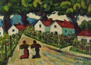 Zwei Frauen Auf Einer Dorfstrase by Hugo Scheiber