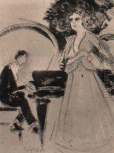 Vor Dem Flugel Stehende Sangerin Und Begleiter by Hugo Scheiber