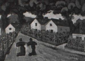 Two Figures On A Road Carrying Wood by Hugo Scheiber