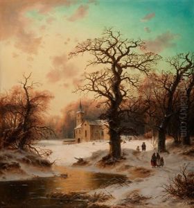 Winterlandschaft Mit Knorrigen Eichenbaumen Vor Einer Kirche In Der Waldlichtung Und Figurenstaffage Winterlandschaft Mit Knorrigen Eichenbaumen Vor Einer Kirche In Der Waldlichtung Und Figurenstaffage