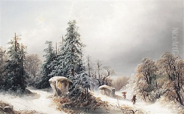 Winterliche Waldlandschaft Mit Zwei Holzleserinnen - view 1
