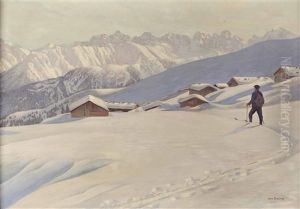 Schifahrer Auf Hochalm by Leopold Scheiring