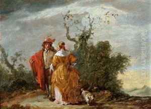 Ein Elegantes Paar Mit Einem Hundchen In Einer Landschaft by Matthias Scheits