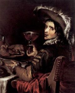Junger Zecher Mit Gefulltem Rotweinkelch An Gedecktem Tisch Mit Bratenplatte, Flasche, Messer Und Schale by Matthias Scheits
