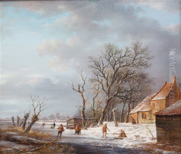 A Dutch Winter Landscape With Figures And Skaters Near A Farm - view 1