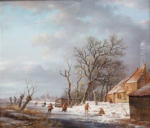 A Dutch Winter Landscape With Figures And Skaters Near A Farm by Andreas Schelfhout