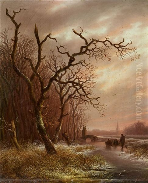 Evening Winter Scene With Skaters by Andreas Schelfhout