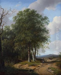 Hunters In A Wooded Landscape by Andreas Schelfhout
