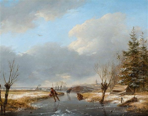 Winter Landscape With Skaters And A Koek-en-zopie Stand by Andreas Schelfhout