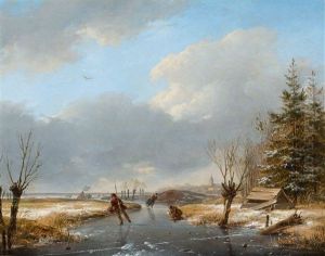 Winter Landscape With Skaters And A Koek-en-zopie Stand by Andreas Schelfhout