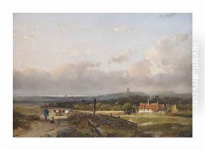 A Dune Landscape With A Herdsman On A Sandy Track by Andreas Schelfhout