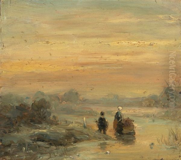 Abendliche Winterlandschaft Mit Zwei Figuren Auf Einem Zugefrorenen Fluss - view 1