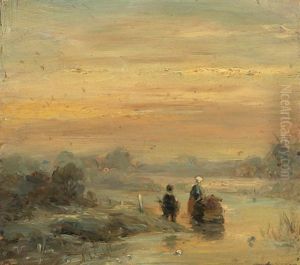 Abendliche Winterlandschaft Mit Zwei Figuren Auf Einem Zugefrorenen Fluss by Andreas Schelfhout
