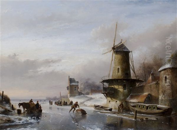 Skaters On A Frozen River, Near A Mill And A Donjon - view 1