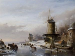 Skaters On A Frozen River, Near A Mill And A Donjon