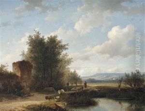A Panoramic Landscape With A Shepherd And His Flock
