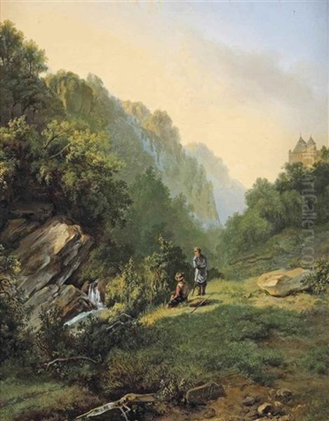 Two Figures Resting In A Mountainous Landscape Near A Stream - view 1