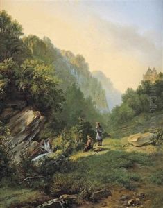 Two Figures Resting In A Mountainous Landscape Near A Stream by Andreas Schelfhout