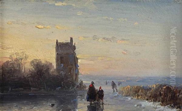 Figures On A Frozen Waterway Near A Tower - view 1