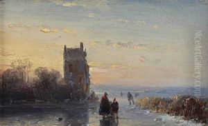 Figures On A Frozen Waterway Near A Tower by Andreas Schelfhout