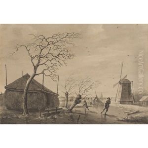 Skaters On A Frozen Lake by Andreas Schelfhout
