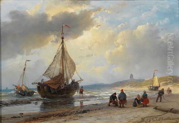 Activity On The Beach At Scheveningen by Andreas Schelfhout