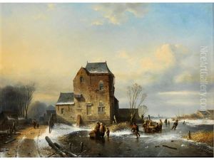 Winterlandschaft Mit Figuren, Hutten Und Zugefrorenem Fluss by Andreas Schelfhout