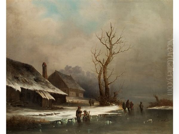 Winterlandschaft Mit Zugefrorenem Fluss, Schlittschuhlaufern Und Schloss - view 1