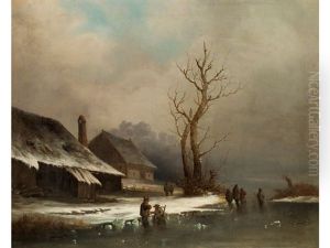 Winterlandschaft Mit Zugefrorenem Fluss, Schlittschuhlaufern Und Schloss by Andreas Schelfhout