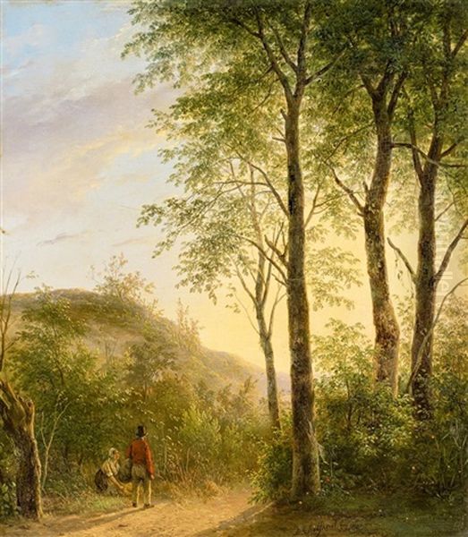 Abendliche Waldlandschaft Mit Zwei Wanderern - view 1