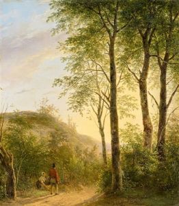 Abendliche Waldlandschaft Mit Zwei Wanderern by Andreas Schelfhout
