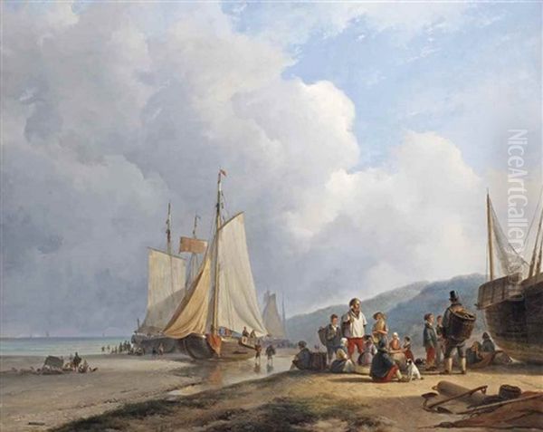 A Coastal Scene With Bomschuiten On The Beach And Villagers Gathering Around A Fishmonger - view 1
