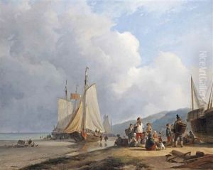 A Coastal Scene With Bomschuiten On The Beach And Villagers Gathering Around A Fishmonger