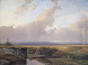 A Panoramic River Landscape With A Shepherd And His Flock Resting Near A Water Mill