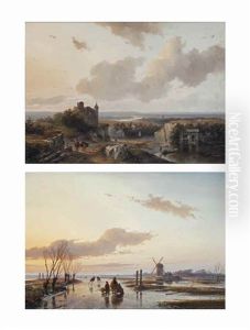 A Summer Panorama With The Ruin Of A Castle; And A Frozen Waterway