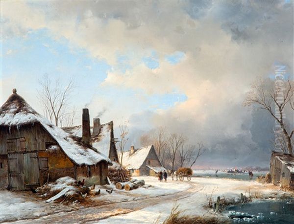 Winterse Boerderij Met In De Verte Schaatsers Bij Een Koek En Zopie - view 1