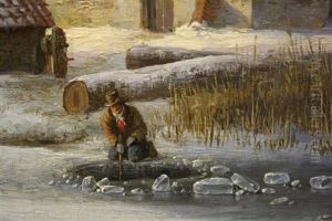Ijsvissers Op Zonnige Winterdag Niet Get by Andreas Schelfhout