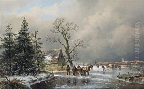 An Extensive Winter Landscape With Skaters And A Horse-drawn Sledge - view 1